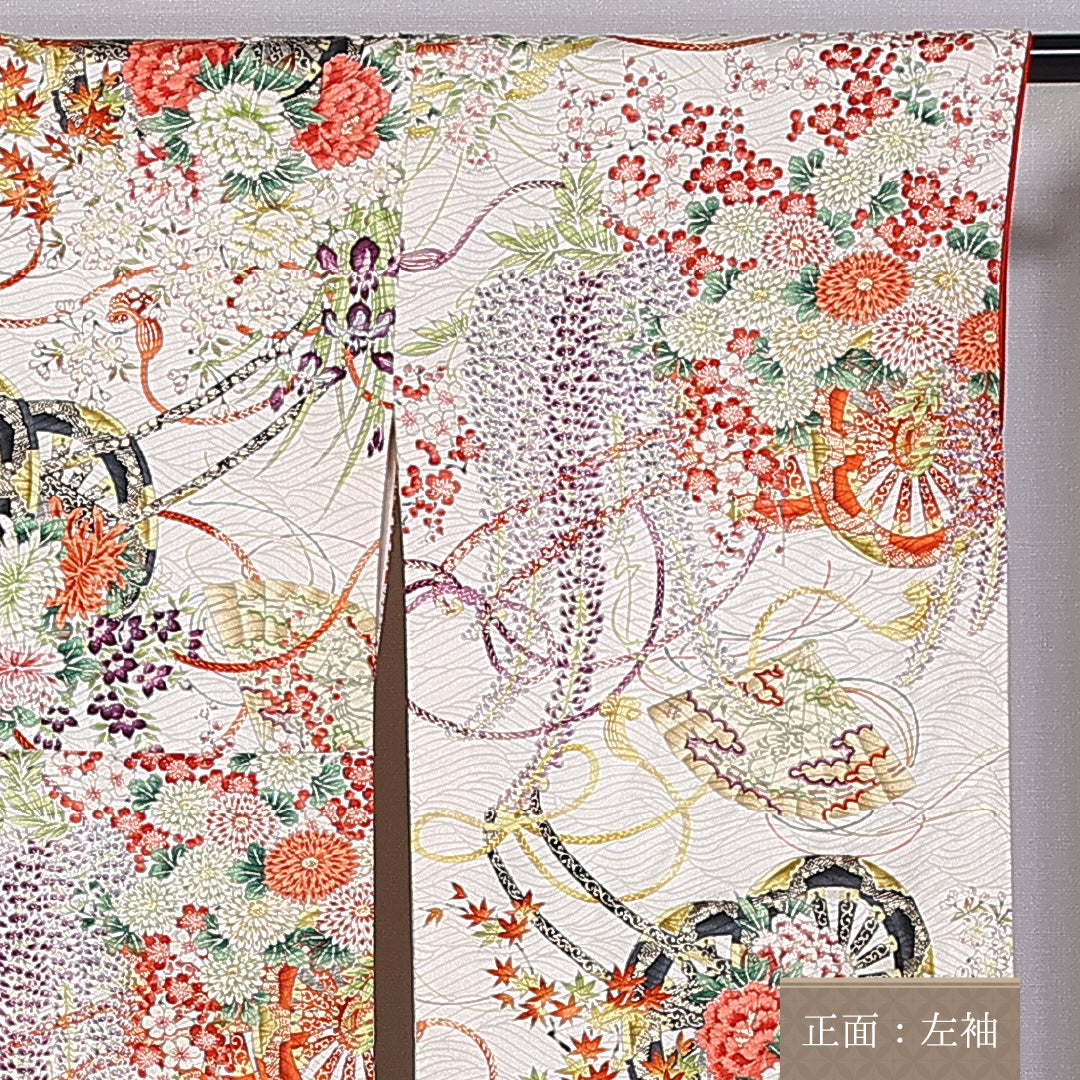 振袖 身丈164cm 裄丈64.5cm 袷 正絹 Sランク 広衿 花車 組紐 扇子 藤 紅葉 菊 1213-F0360