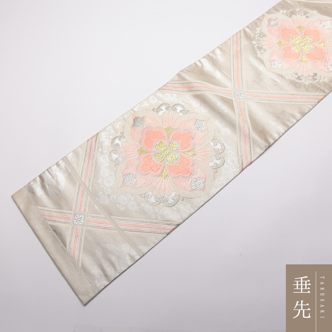 袋帯 帯丈442cm 正絹 六通 フォーマル 宝相華 銀系 1243-01338