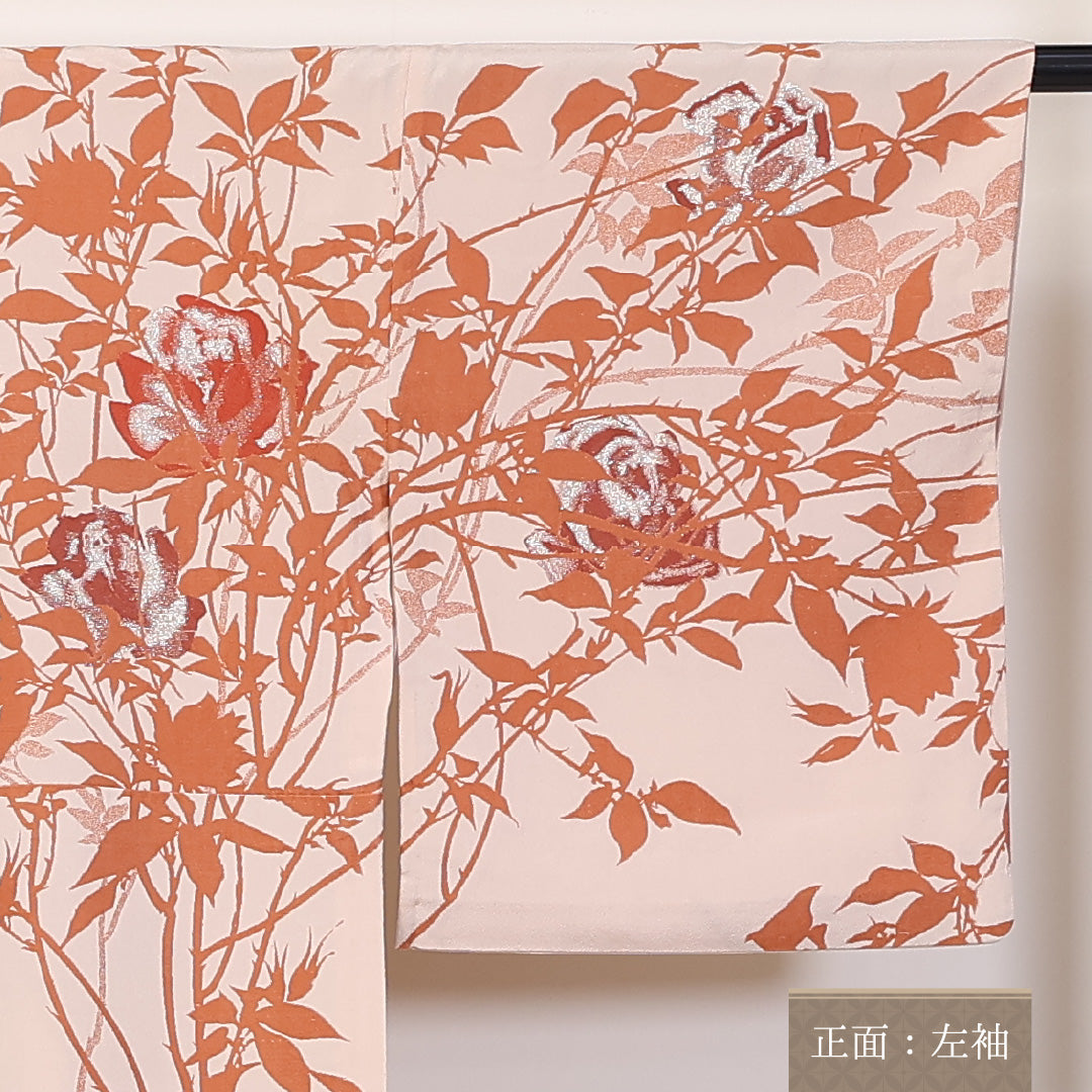 アンティーク お召 紬 単衣 身丈162cm 裄65.5cm 正絹 訪問着 漆糸 薔薇 クリーム系 Bランク 1216-01252