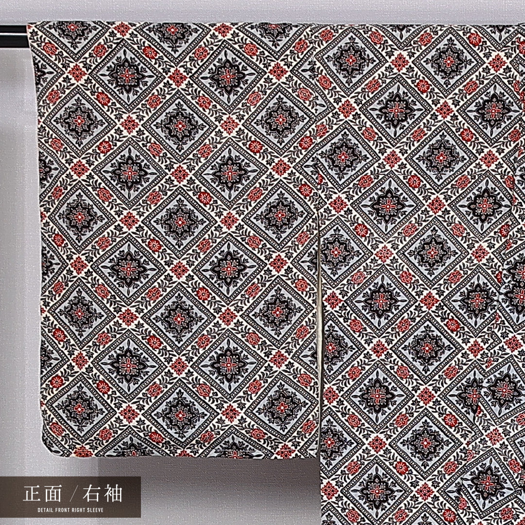 小紋 袷 身丈152cm 裄丈63cm 正絹 Bランク インフォーマル バチ衿 Sサイズ 菱 クリーム系 RP 1221-11254