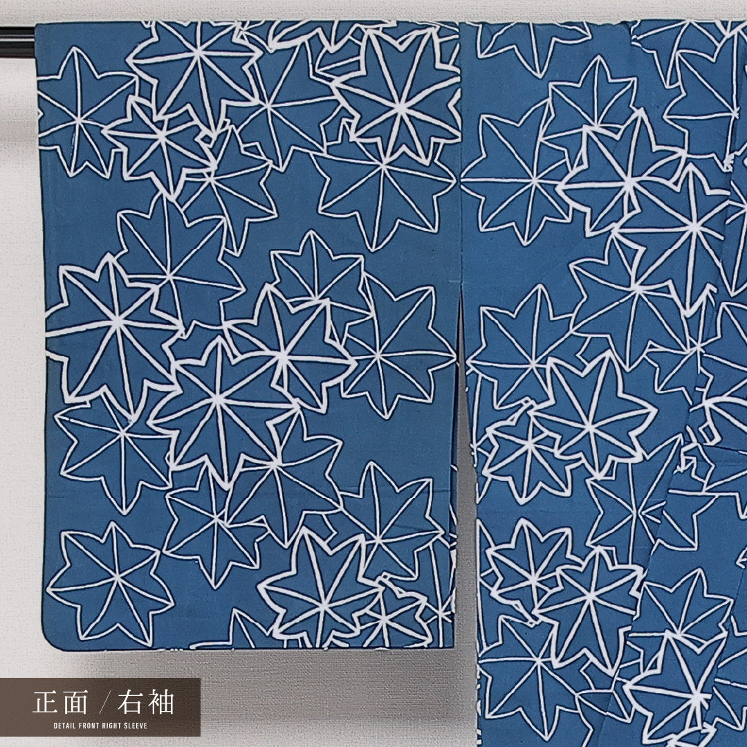 浴衣 夏物 洗える着物 身丈153cm 裄丈64cm Aランク 木綿 バチ衿 Sサイズ カジュアル 楓 古典的 爽やか 青系 1218-13635