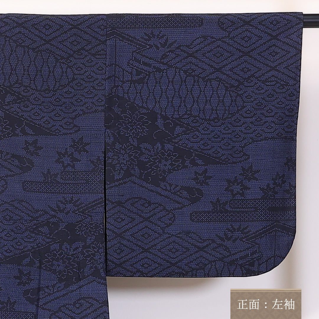紬 単衣 身丈160cm 裄66.5cm 正絹 茶屋辻 居敷当て 紺系 Aランク 1216-01196