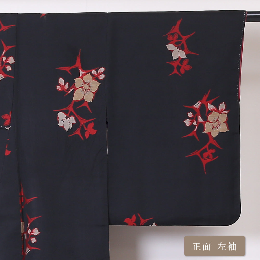 アンティーク お召 袷 身丈153cm 裄丈63cm 正絹 Bランク 広衿 Sサイズ 桔梗 黒系 RP 1222-03299