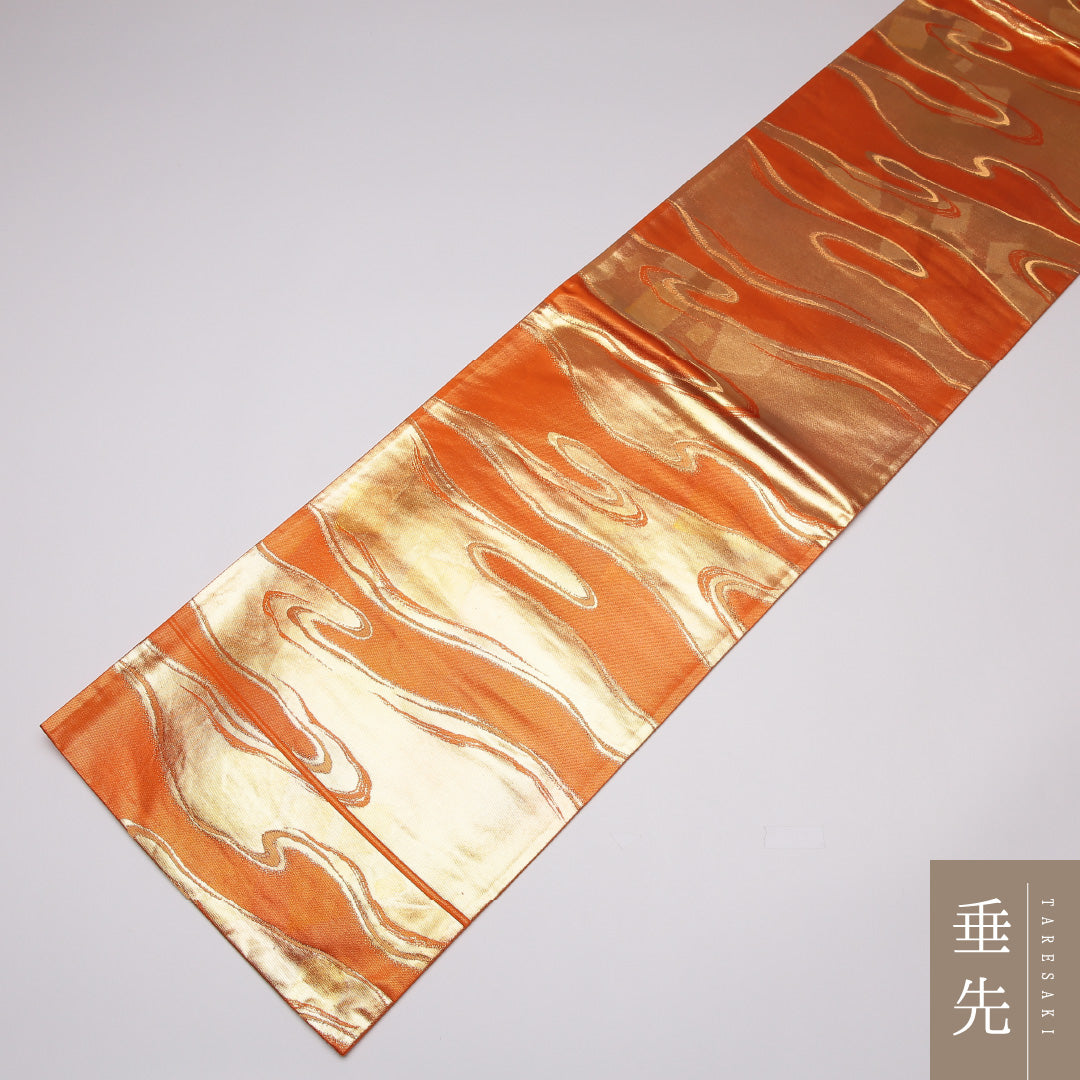 袋帯 帯丈420cm 正絹 六通 セミフォーマル 流水 金系 朱系 1243-01171