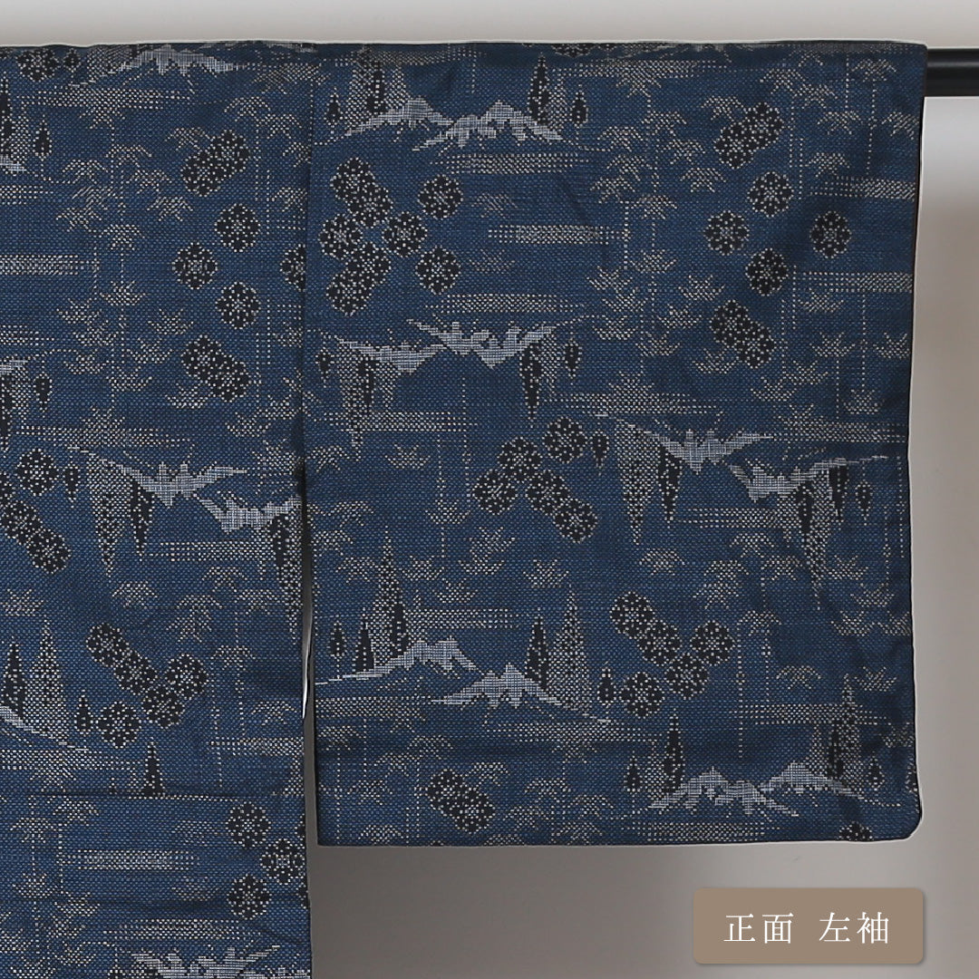 大島紬 袷 身丈157cm 裄丈62cm 正絹 Sランク インフォーマル 広衿 Mサイズ 古典柄 紺系 RP 1223-03041