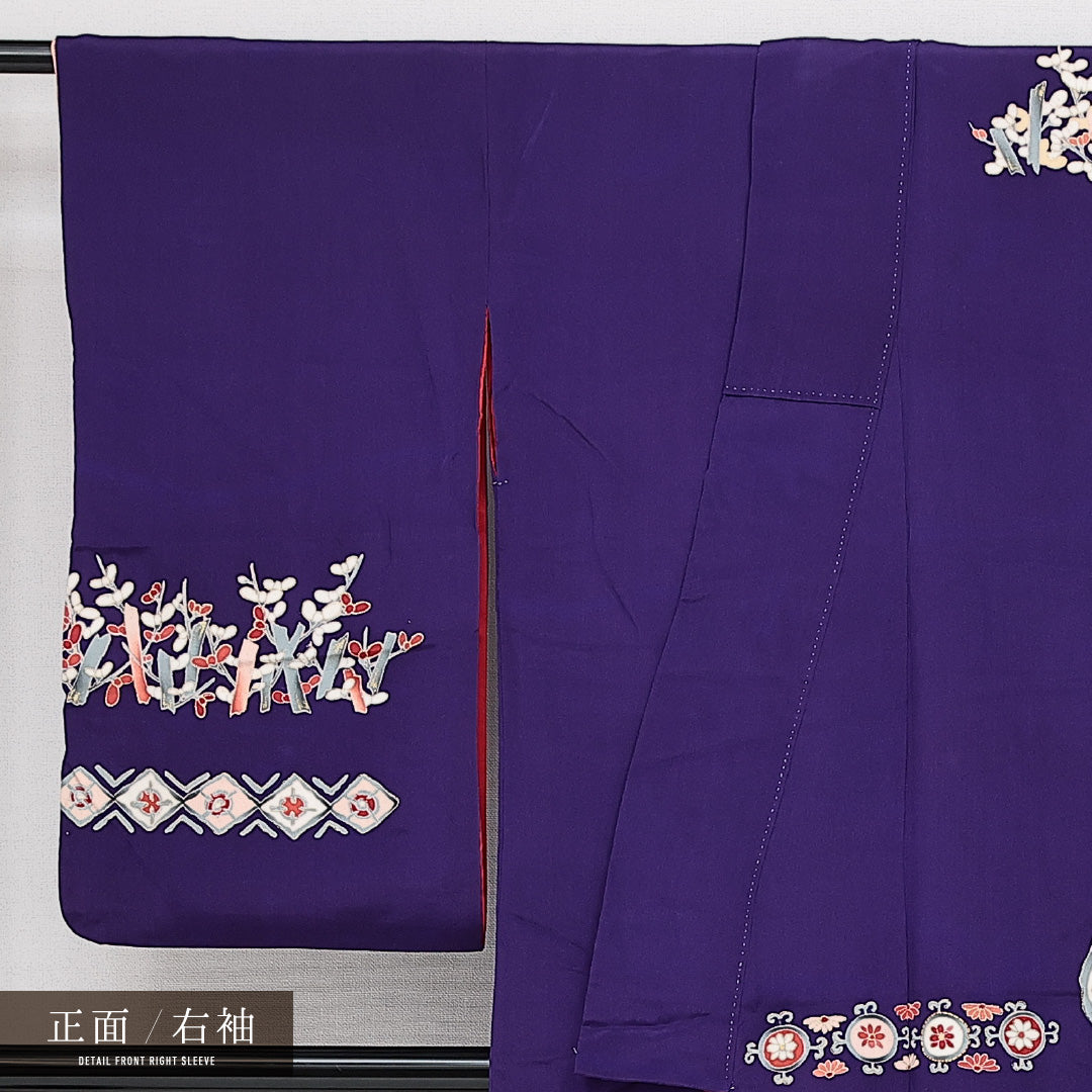 アンティーク 付下げ 袷 身丈150cm 裄丈60cm 正絹 Bランク バチ衿 Sサイズ 金彩 花柄 丸文 紺系 RP 1218-14572