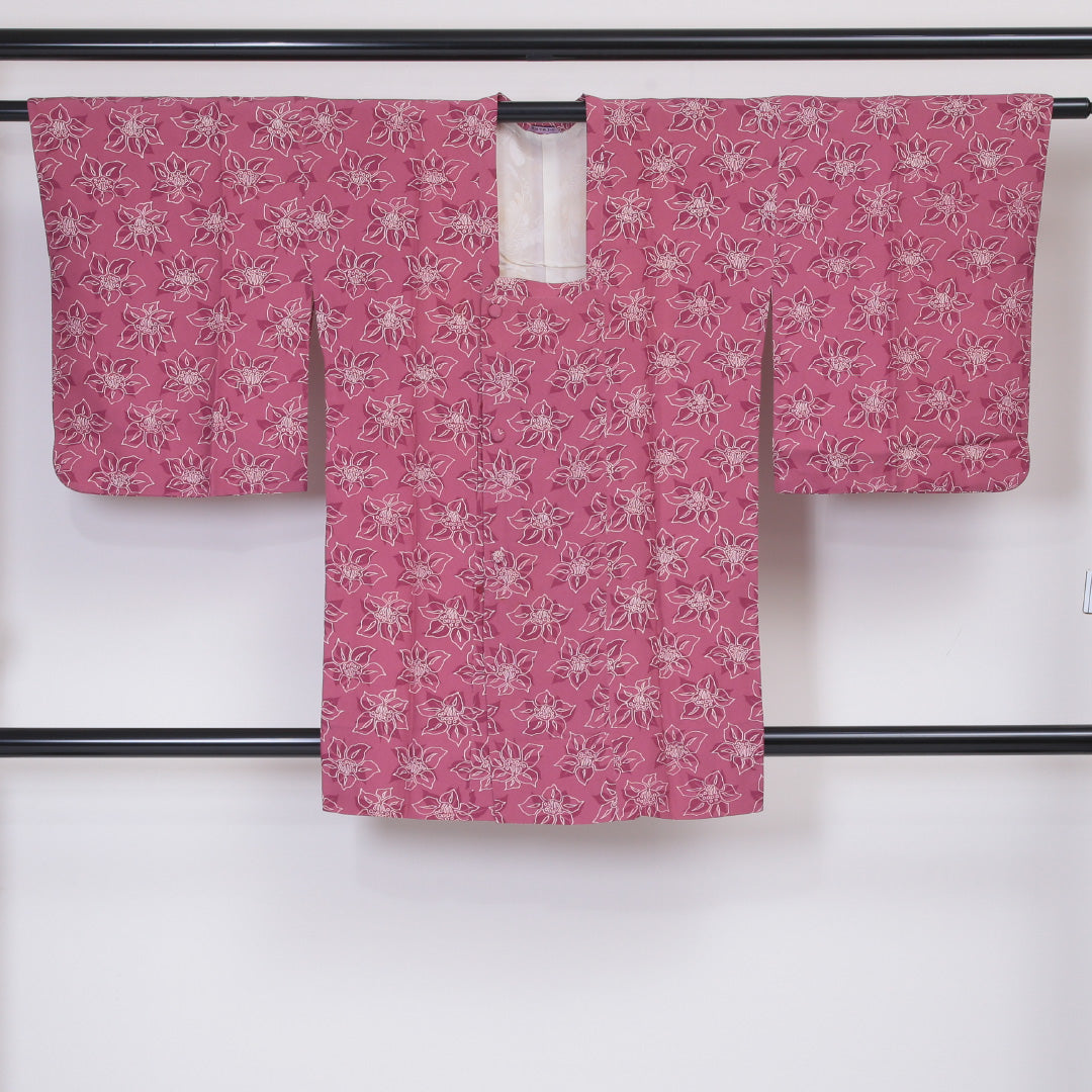 道行コート 袷 身丈88cm 裄63cm 正絹 ちりめん Bランク ボタニカル ピンク系 1217-00436