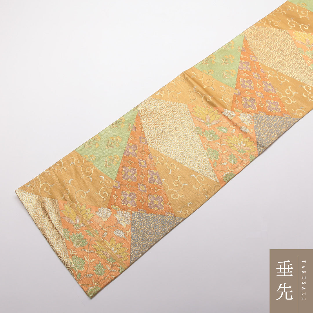 袋帯 帯丈414cm Aランク 六通 正絹 吉祥文様 唐草 花菱 青海波 カジュアル 黄系 1223-01411