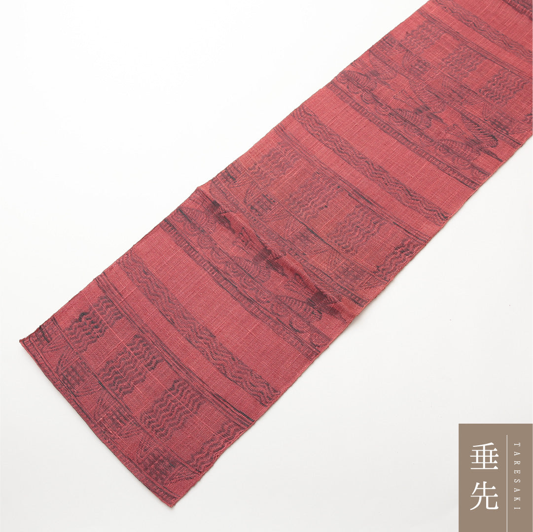 八寸名古屋帯 (夏帯) Aランク 帯丈341cm 正絹 六通 松葉仕立て 織り カジュアル 鳥 幾何学柄 赤系 LP 1245-01976