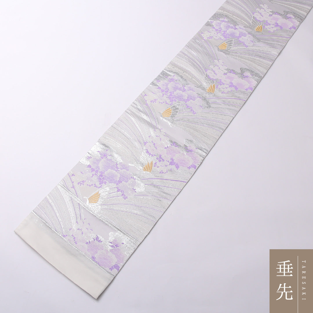 袋帯 帯丈440cm 六通 未仕立て 振袖帯 Sランク ポリエステル 蝶 麻の葉 牡丹 上品 華やか 銀系 1223-01587