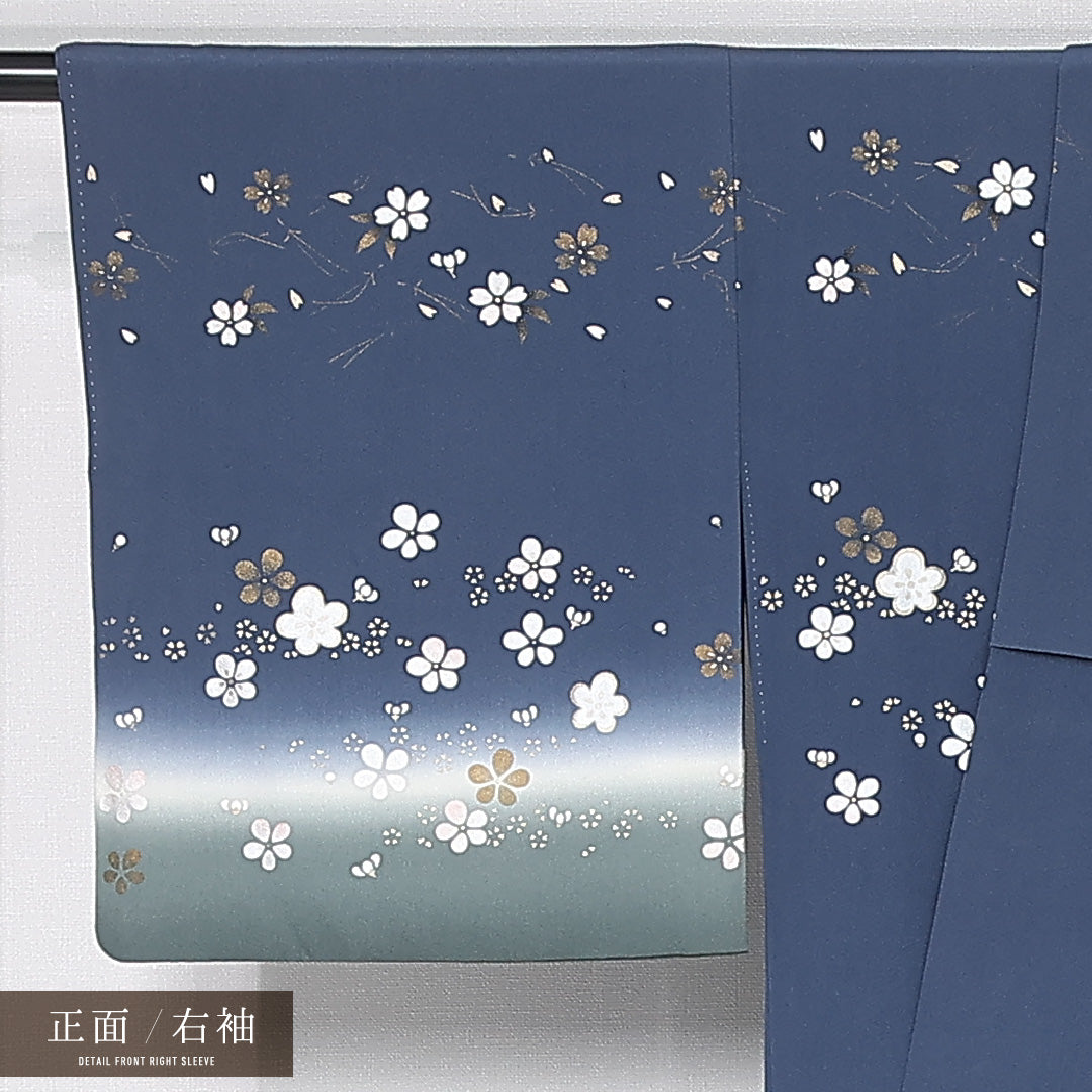 付下げ 身丈156cm 裄丈63cm Bランク M 正絹 袷 広衿 クラシカル 金駒刺繍 ぼかし 菊 桜 梅鉢 インフォーマル 青系 1261-11950