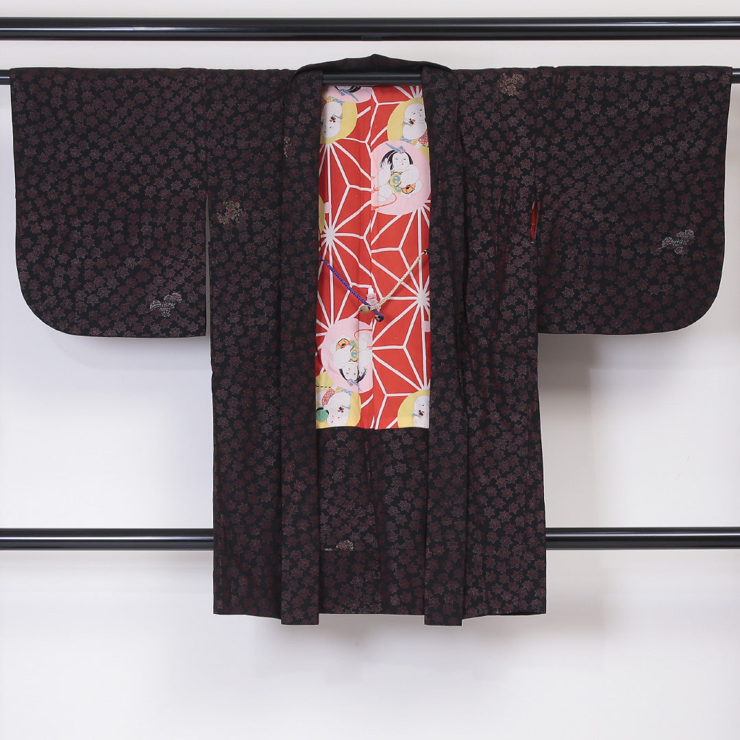 アンティーク 黒羽織 身丈92cm 裄丈62cm S 正絹 紅葉 金彩 紐あり 黒系 Aランク 1217-00758