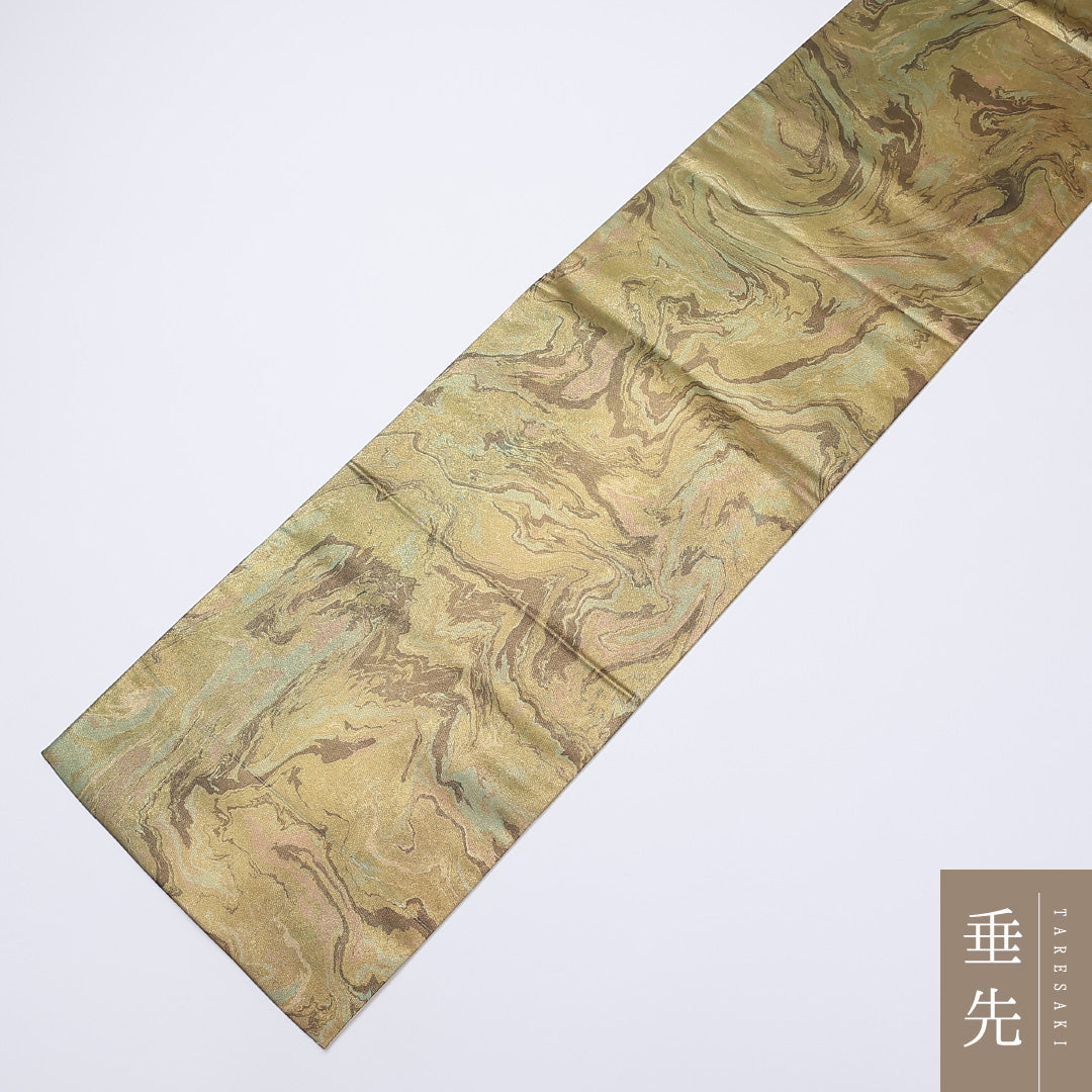 袋帯 帯丈452cm 六通 墨流し 引箔 カジュアル 金系 正絹 Sランク 1223-00948