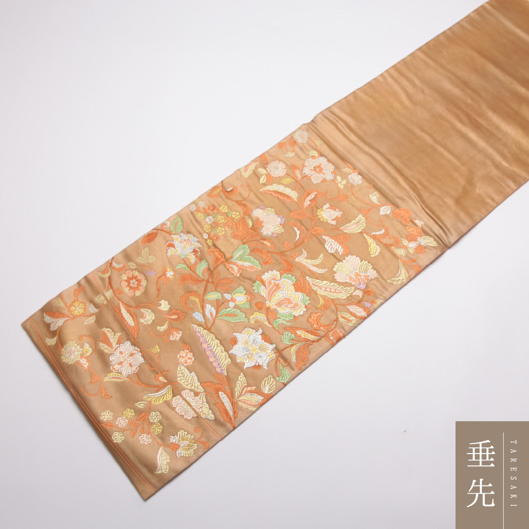 袋帯 帯丈436cm 正絹 六通 セミフォーマル 唐草華文 朱系 1243-01395