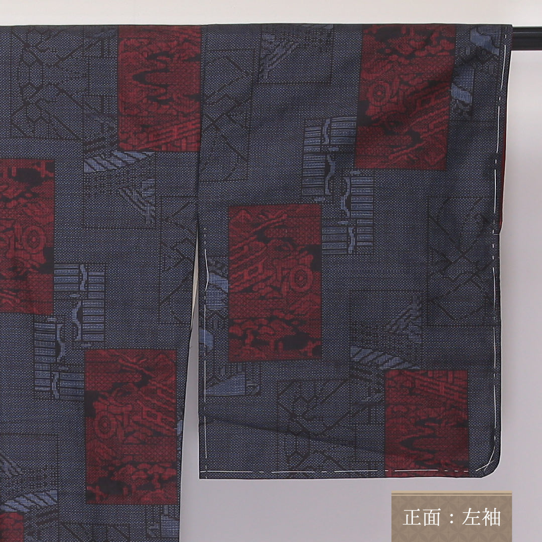 大島紬 袷 身丈160cm 裄64cm 正絹 四角繋ぎ 紺系 しつけ糸 Sランク 1216-01075