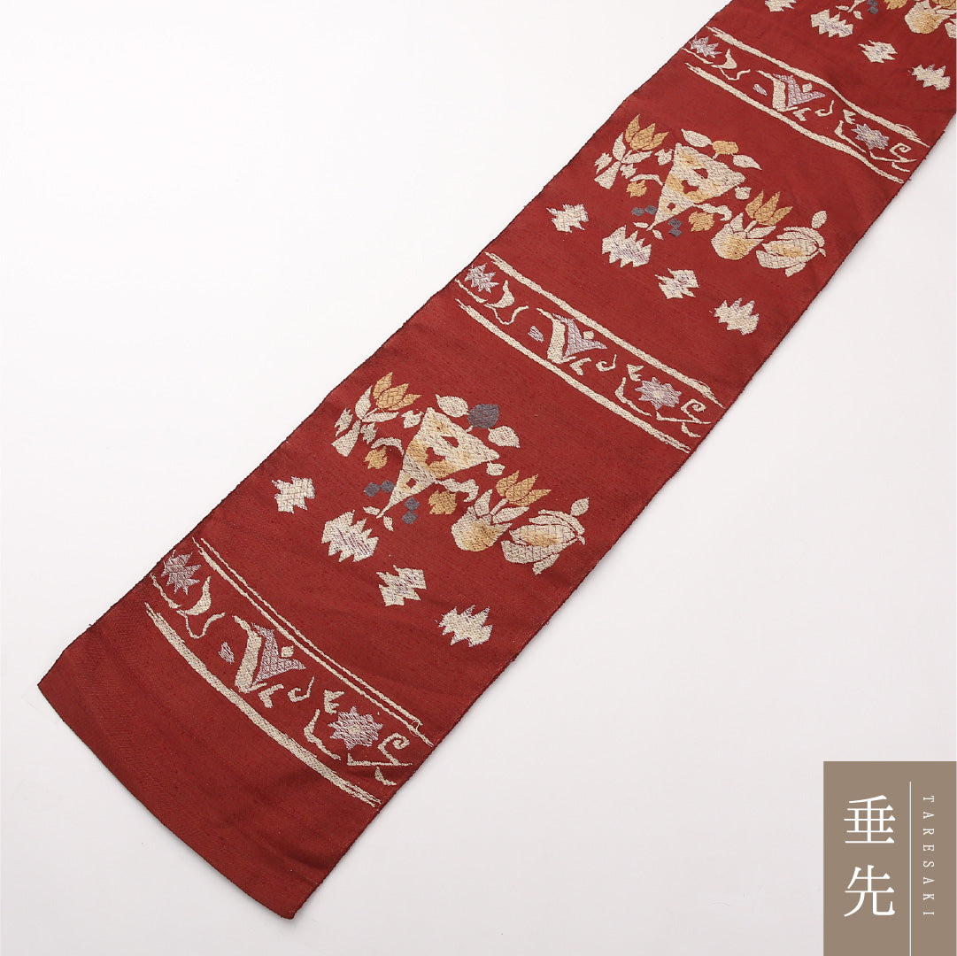 八寸名古屋帯 Aランク 帯丈354cm 正絹 六通 松葉仕立て 帯芯なし 織り カジュアル 紬 創作柄 茶系 LP 1245-02283