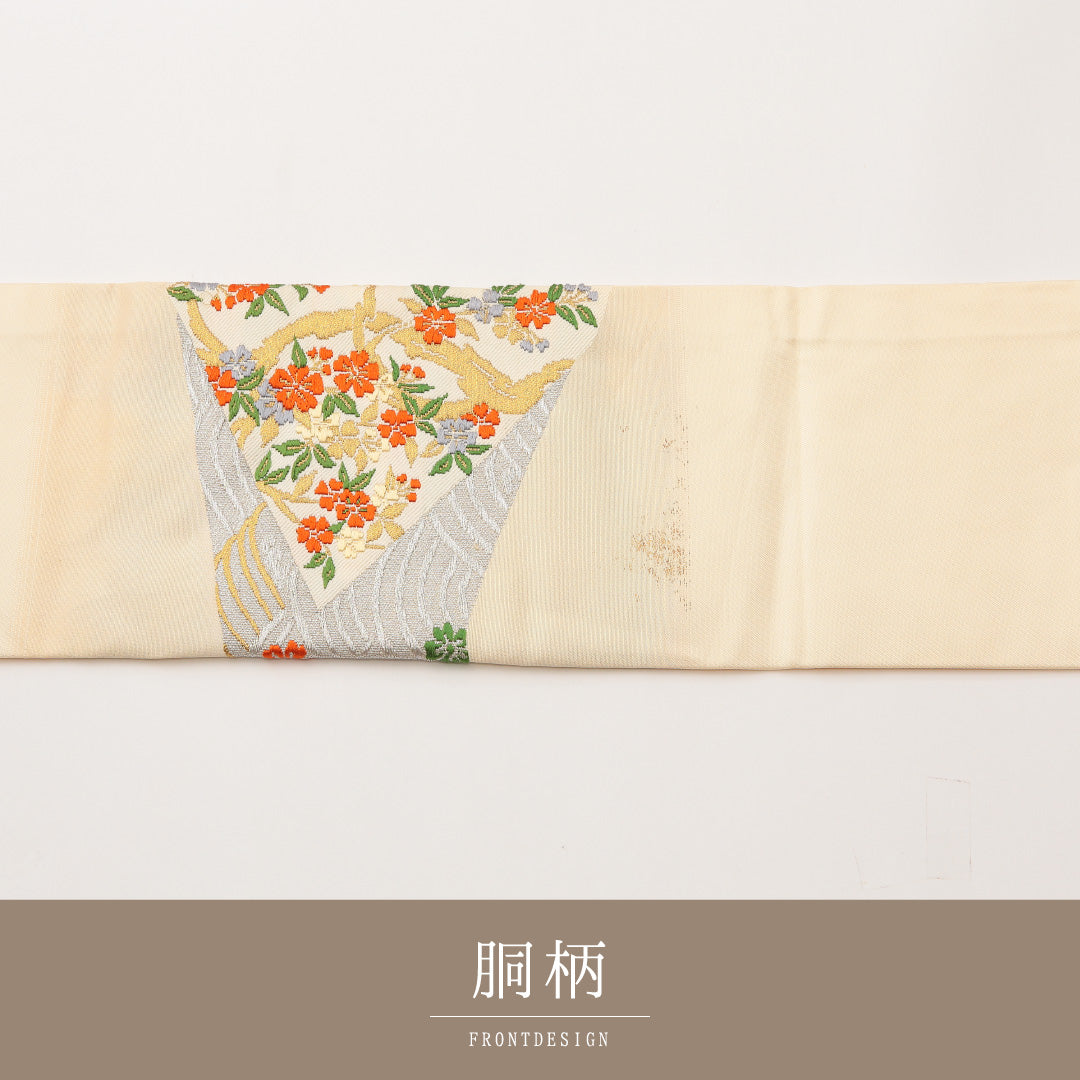 九寸名古屋帯 帯丈357cm セミフォーマル 名古屋仕立て ポイント柄 Sランク 正絹 花柄 クリーム系 1224-02007