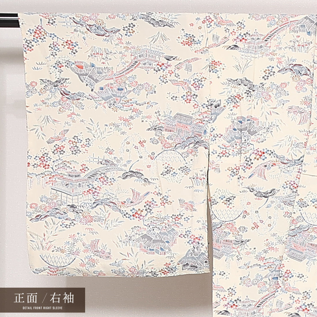 小紋 単衣 身丈149cm 裄丈63cm Sランク 正絹 広衿 XSサイズ カジュアル 京紅型 御所解 クリーム系 上品 爽やか 1215-13258