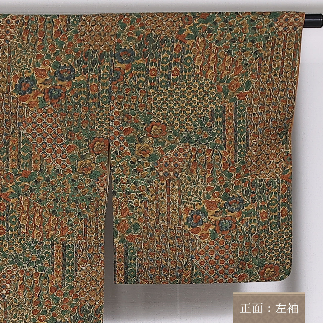 小紋 袷 身丈156cm 裄丈64cm 正絹 Aランク インフォーマル 広衿 Mサイズ 更紗 花柄 茶系 RP 1221-02480