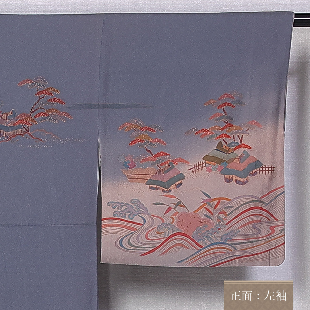 訪問着 袷 身丈157cm 裄丈65cm 正絹 Bランク セミフォーマル 広衿 Mサイズ 茶屋辻 松竹梅 グレー系 HP 1217-10862