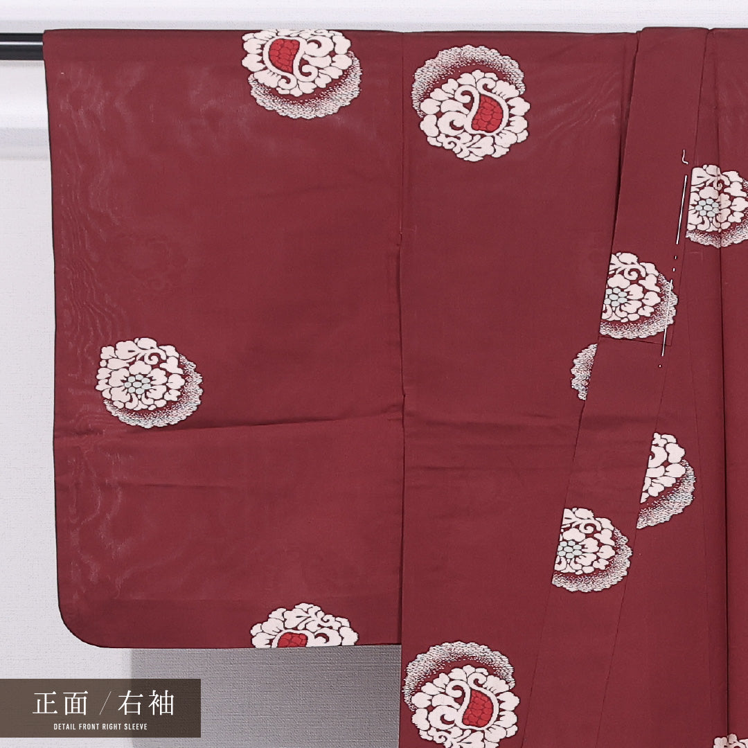 お召 単衣 身丈147cm 裄丈62cm 正絹 Aランク インフォーマル バチ衿 XSサイズ 牡丹 赤系 LP 1222-11793
