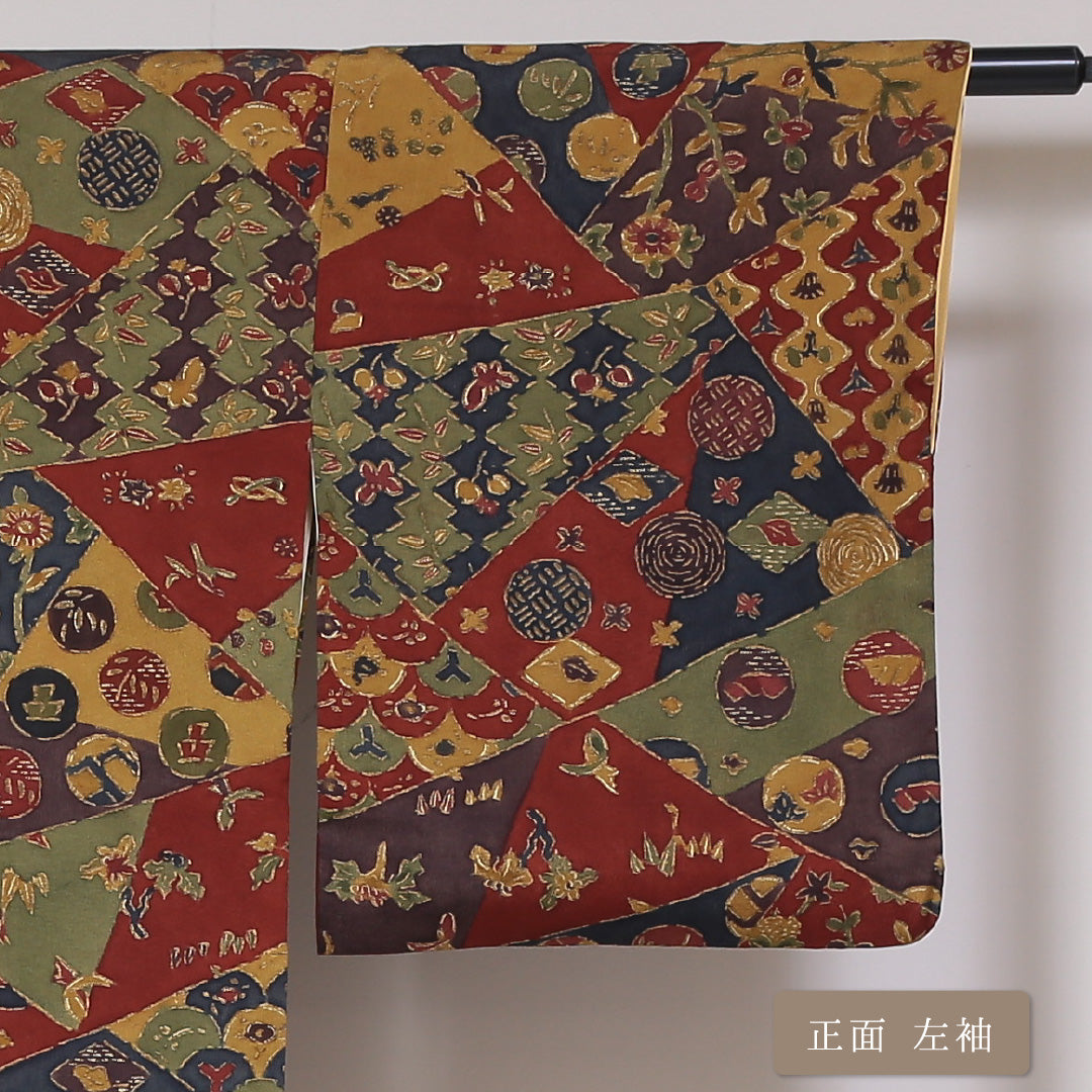 小紋 ちりめん 袷 身丈166cm 裄66cm 茶系 毬 青海波 正絹 Sランク 1215-01766-2514
