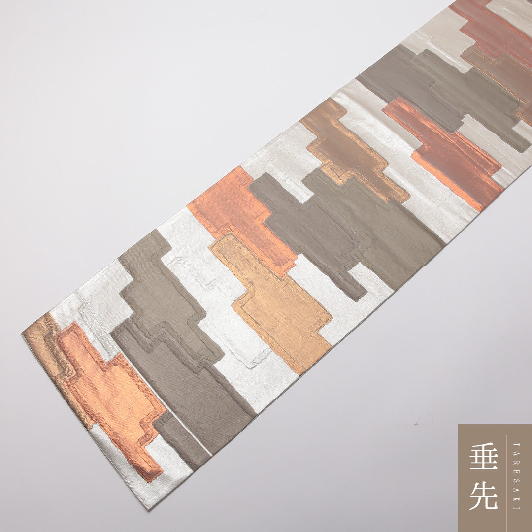袋帯 帯丈410cm 六通 創作 セミフォーマル カジュアル 銀系 正絹 Sランク 1223-01354