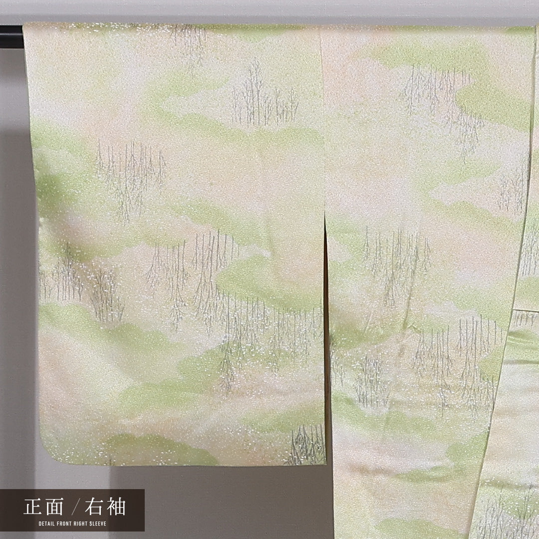 小紋 袷 身丈158cm 裄丈64cm 正絹 Aランク インフォーマル 広衿 Mサイズ 山 雲取り 緑系 HP 1221-11741