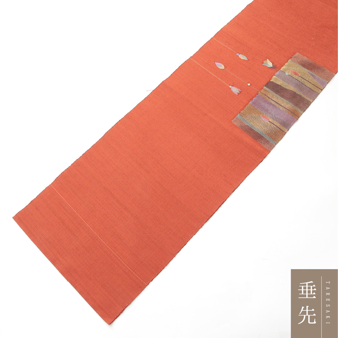 八寸名古屋帯 Aランク 帯丈362cm 正絹 ポイント柄 松葉仕立て 織り カジュアル 紬 創作柄 朱系 LP 1245-02128