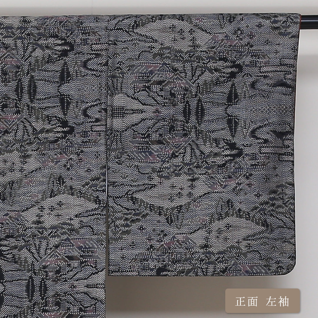 紬 袷 身丈155cm 裄丈64cm 正絹 Sランク カジュアル 広衿 Mサイズ 経緯絣 茶屋辻 グレー系 RP 1223-03145