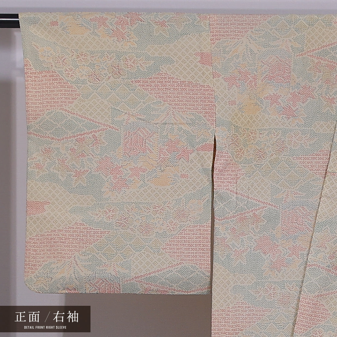 小紋 単衣 身丈155cm 裄丈64cm 正絹 Cランク インフォーマル 広衿 Mサイズ 花園 ベージュ系 LP 1221-11778