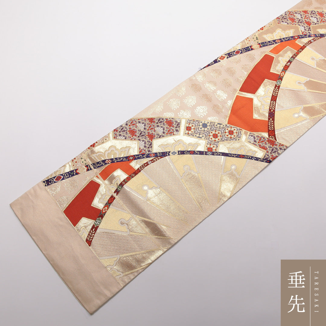 袋帯 帯丈440cm 正絹 全通 フォーマル 源氏車 吉祥文様 ベージュ系 クリーム系 1243-01413