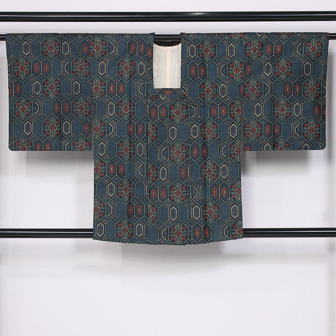 道行コート 身丈82cm 裄丈64cm M 正絹 Sランク 袷 紬 亀甲 1263-10774