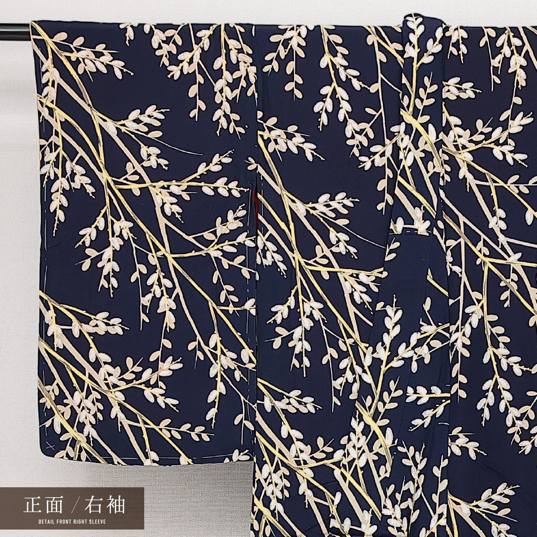 アンティーク 小紋 袷 身丈152cm 裄丈60cm 正絹 Cランク バチ衿 Sサイズ 雪柳 紺系 RP 1221-14252