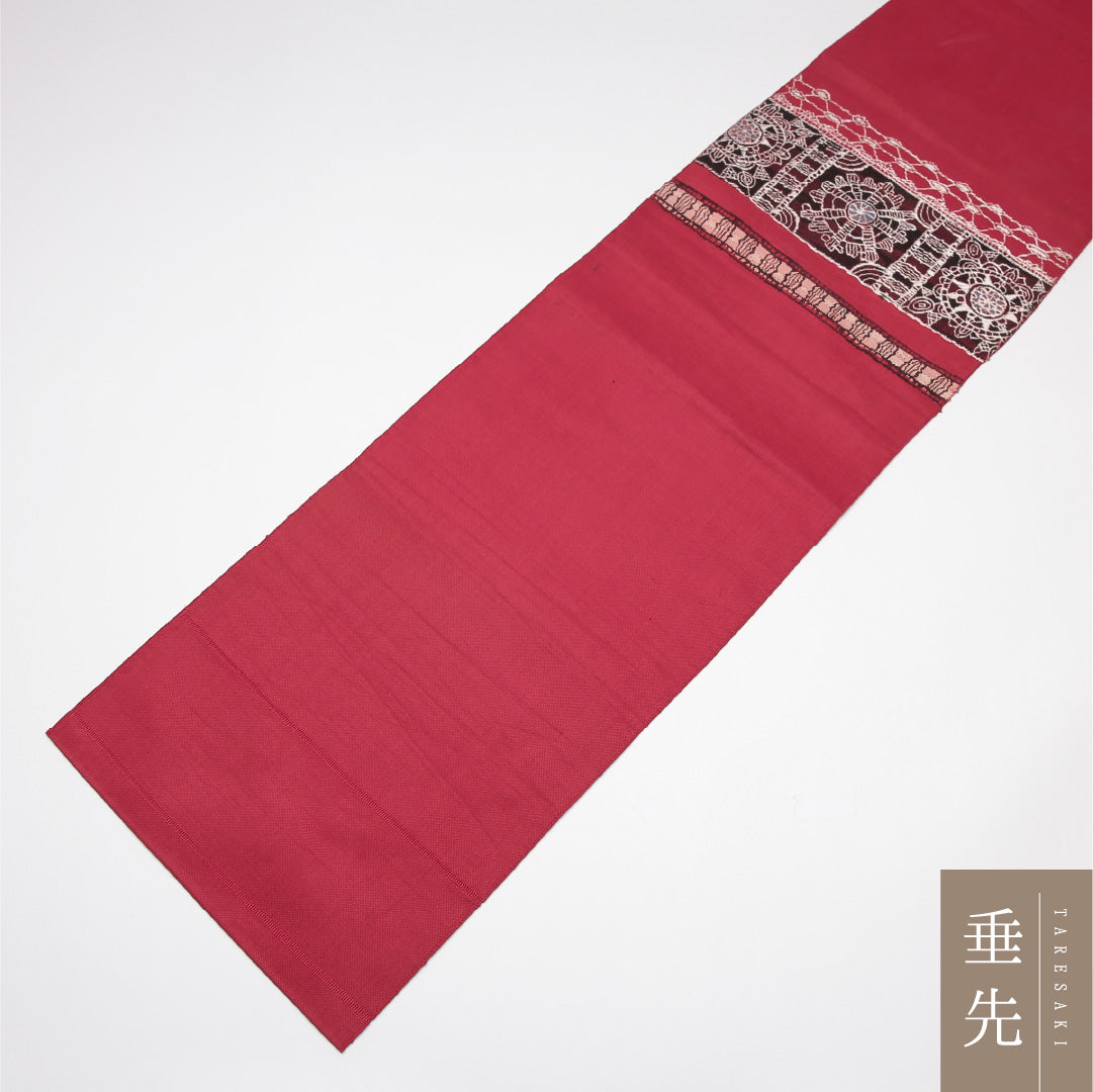 八寸名古屋帯 Aランク 帯丈330cm 正絹 ポイント柄 松葉仕立て 織り カジュアル 創作柄 赤系 LP 1245-01644