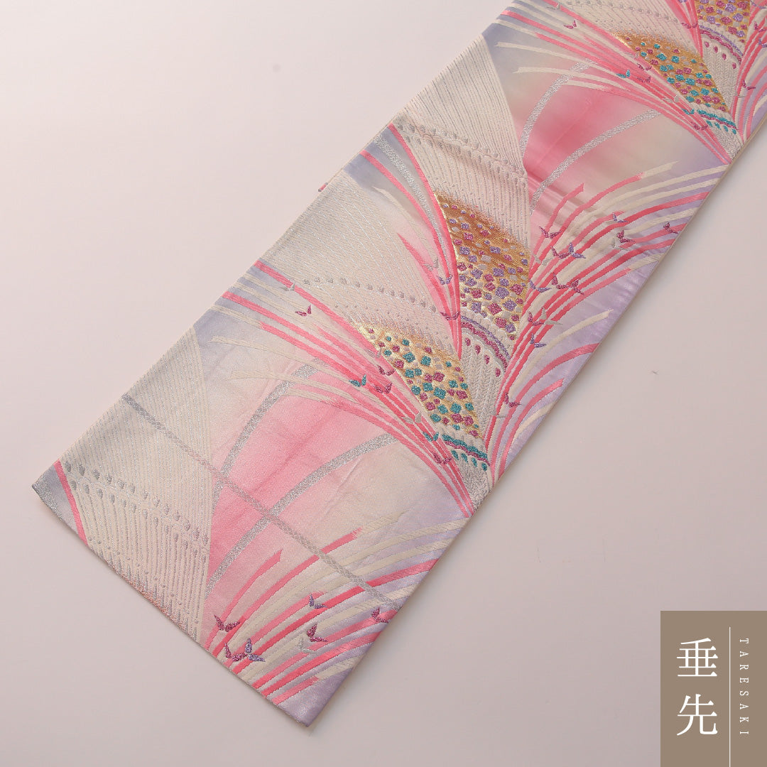振袖用 袋帯 帯丈432cm 正絹 六通 帯端のみ未仕立て 帯芯なし 孔雀 証紙 ピンク系 銀系 1243-01886