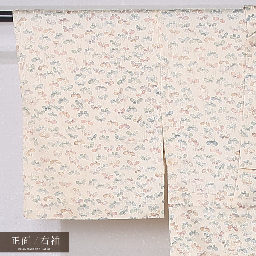 小紋 単衣 身丈160cm 裄丈62cm 正絹 Aランク インフォーマル 広衿 Lサイズ 蝶 クリーム系 HP 1221-12251