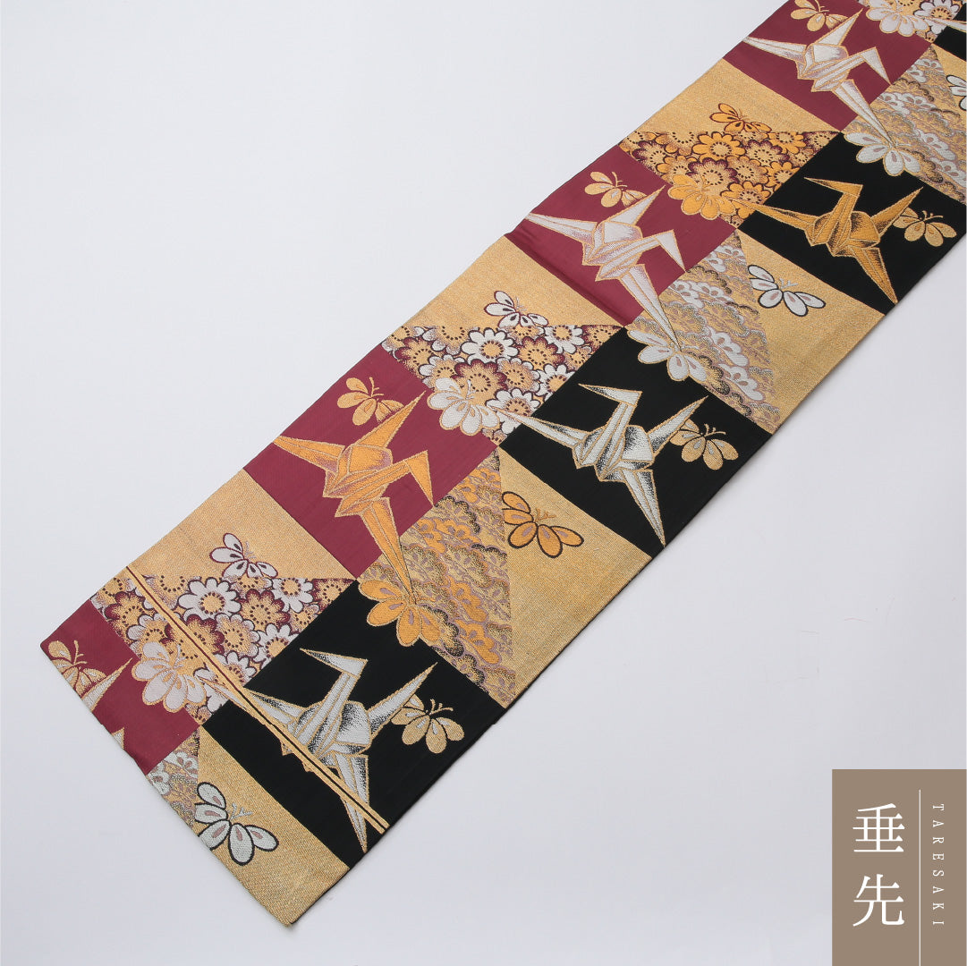 アンティーク 九寸名古屋帯 帯丈330cm 正絹 全通 創作仕立て 織り 金箔 大嶋織 蝶 菊 松 折り鶴 黒系 RP 1245-02031