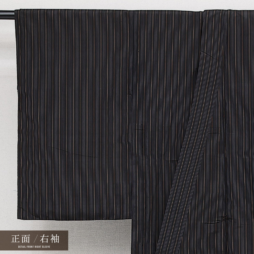 アンティーク 紬 袷 身丈147cm 裄丈62cm 正絹 Aランク バチ衿 XSサイズ 縞 黒系 RP 1223-14596