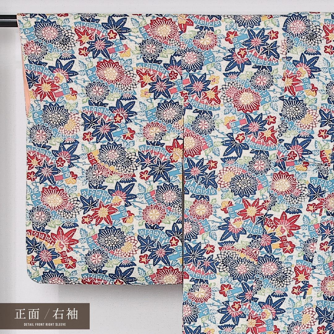 アンティーク 京紅型 小紋 身丈154cm 裄丈64cm Aランク S 正絹 袷 広衿 ポップ 扇 菊 紅葉 青系 1215-12507