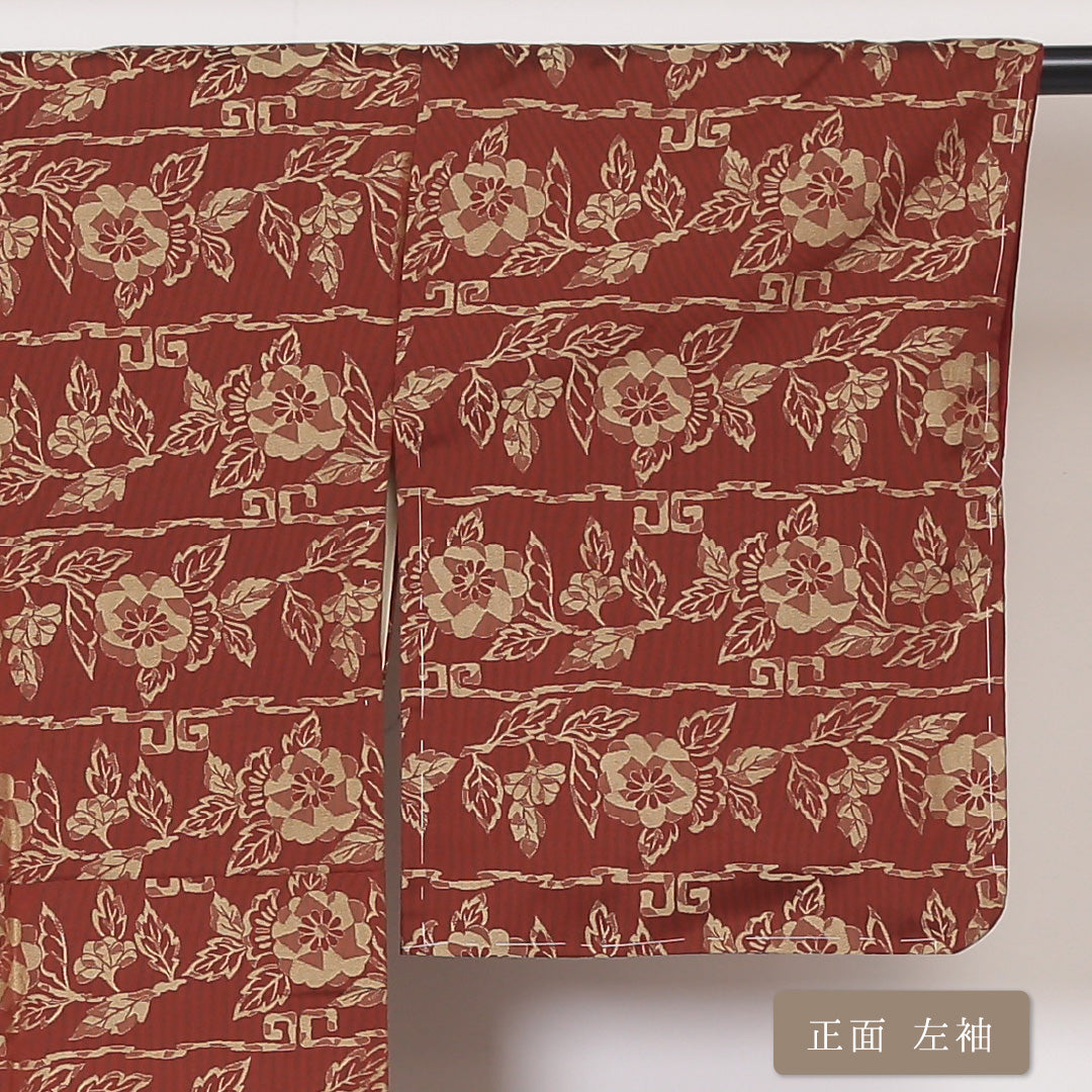 お召 袷 身丈154cm 裄丈64cm 正絹 Aランク インフォーマル 広衿 Sサイズ しつけ糸 牡丹 茶系 RP 1222-03259