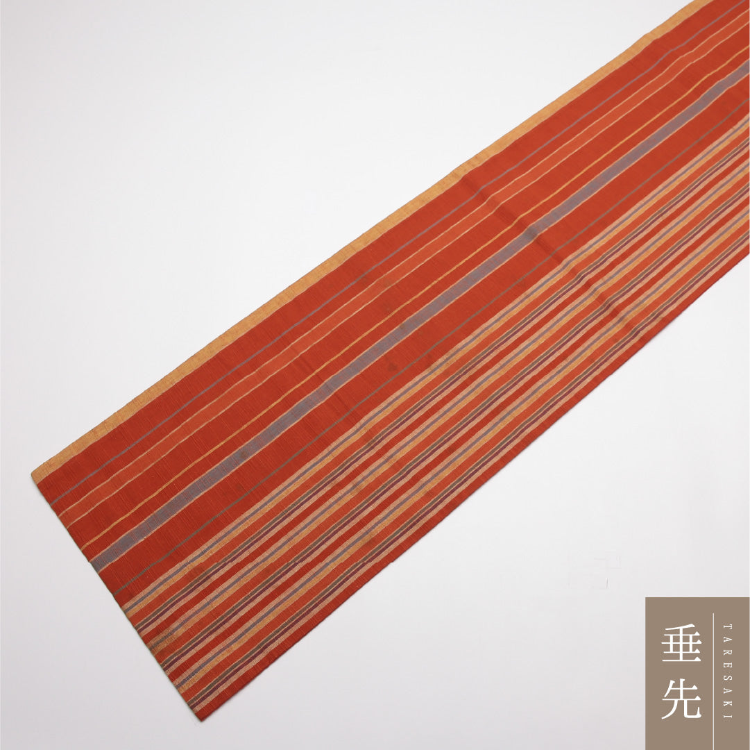 名古屋帯 帯丈352cm Cランク 開き仕立て 全通 正絹 遠州綿紬 紬 縞 カジュアル 朱系 1224-01945