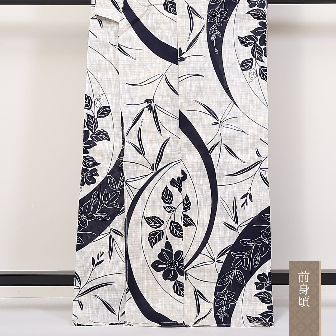 新品 綿麻 浴衣 身丈163cm 裄丈67cm 洗える着物 花柄 白系 Nランク 1218-00085