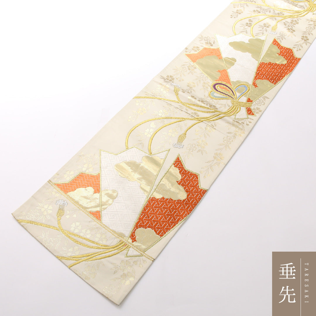 袋帯 帯丈442cm 正絹 六通 フォーマル 熨斗 組紐 クリーム系 金系 1243-01693