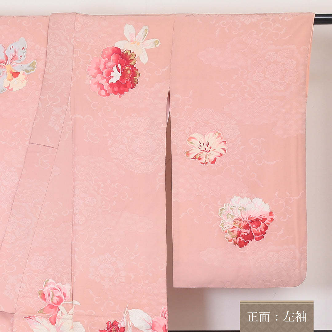 アンティーク 訪問着 袷 身丈148cm 裄丈66cm 正絹 Cランク 一つ紋 バチ衿 XSサイズ 金彩 薔薇 ピンク系 PO 1217-04493