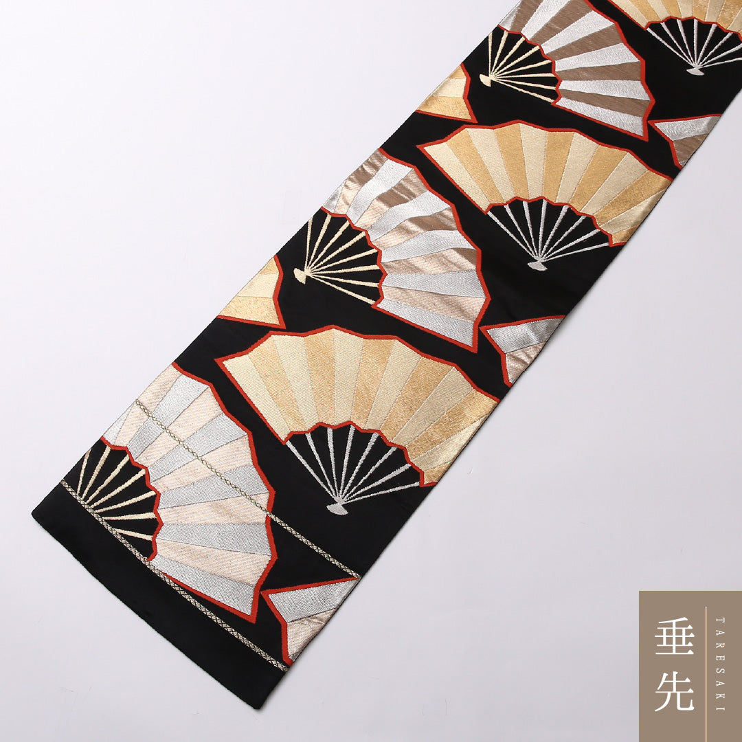 袋帯 帯丈424cm 正絹 六通 フォーマル 扇 吉祥文様 黒系 1243-01577