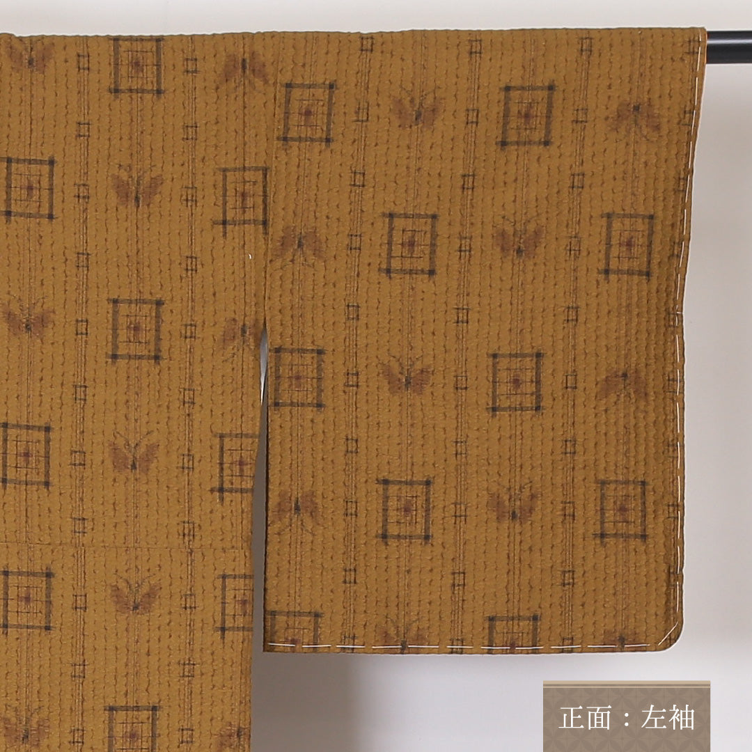 小紋 袷 身丈158cm 裄64.5cm 正絹 蝶 黄系 ふくれ織 Sランク 1215-02021