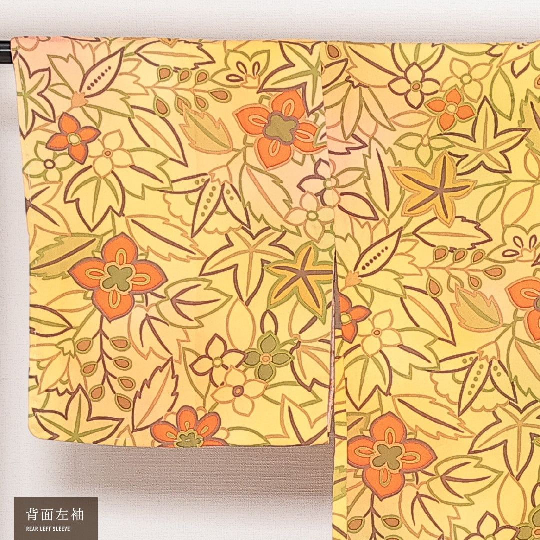 未使用品 羽織 袷 身丈81cm 裄丈64cm 正絹 Nランク カジュアル Mサイズ 紐あり しつけ糸 花柄 楓 黄系 RP 1232-13908