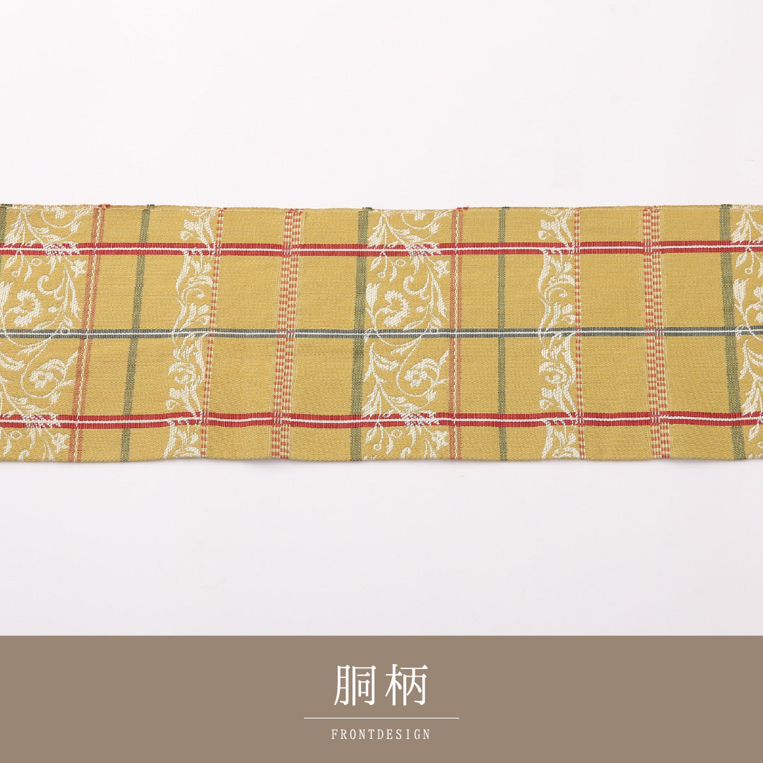 九寸名古屋帯 Aランク 帯丈345cm 正絹 全通 名古屋仕立て 帯芯なし 織り セミフォーマル 間道 名物裂 黄系 RP 1245-02334