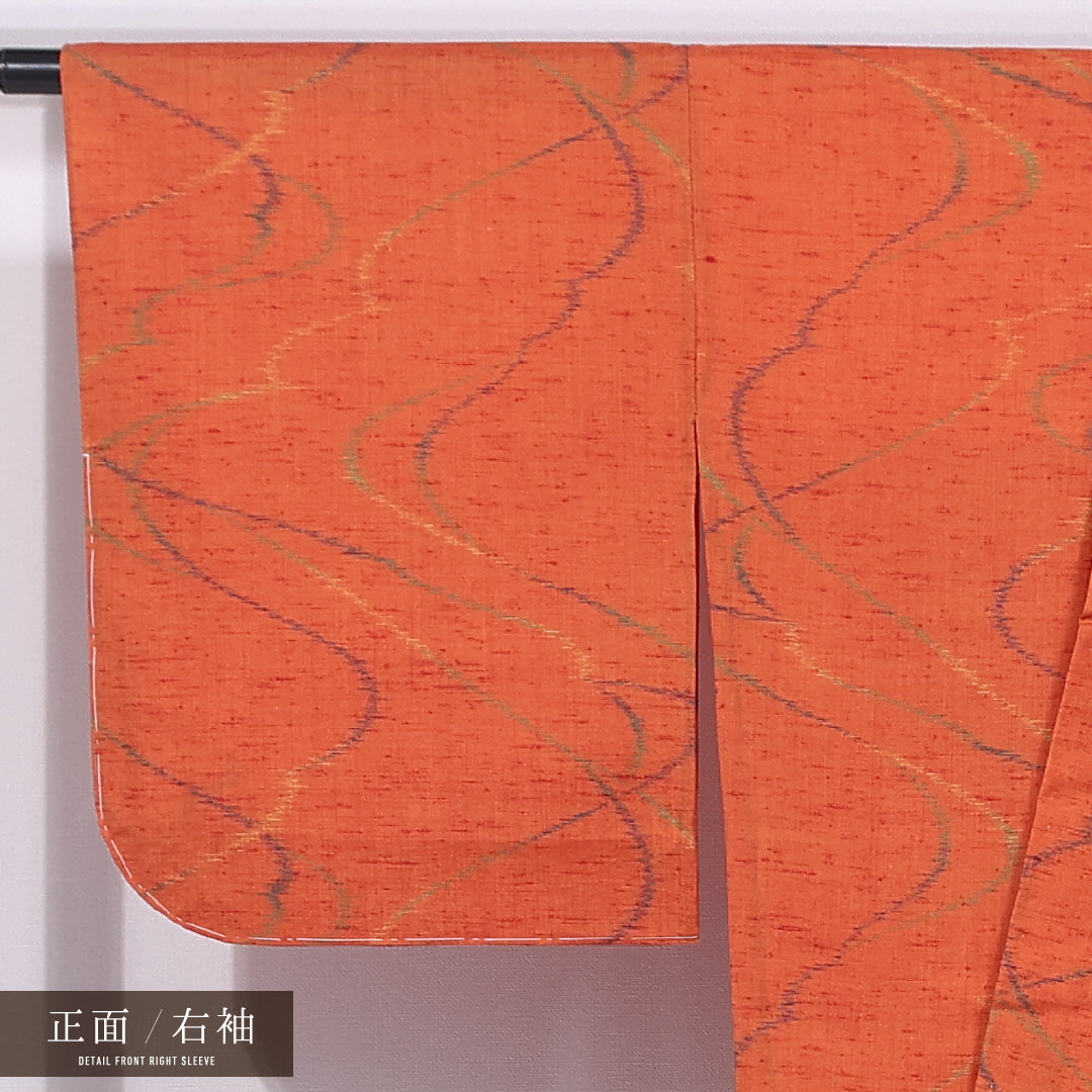 洗える着物 ウールの紬 単衣 身丈161cm 裄丈67cm ウール Sランク カジュアル 広衿 Lサイズ 創作柄 朱系 RP 1223-11735